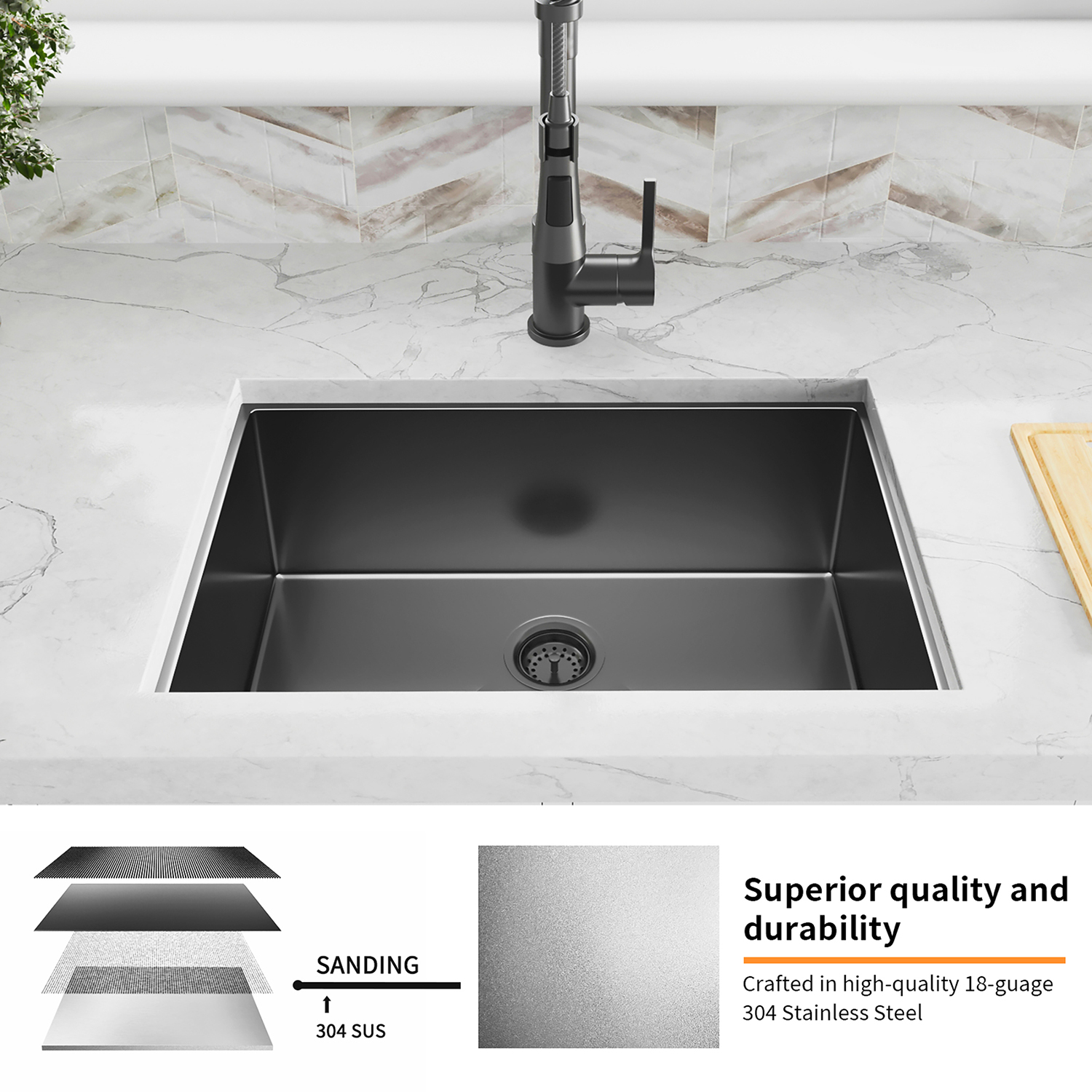 Aquacubic 304 Stainless Steel Handmade Undermount UPC 30*21 inch PVD Gunmetal Black Kitchen Sink