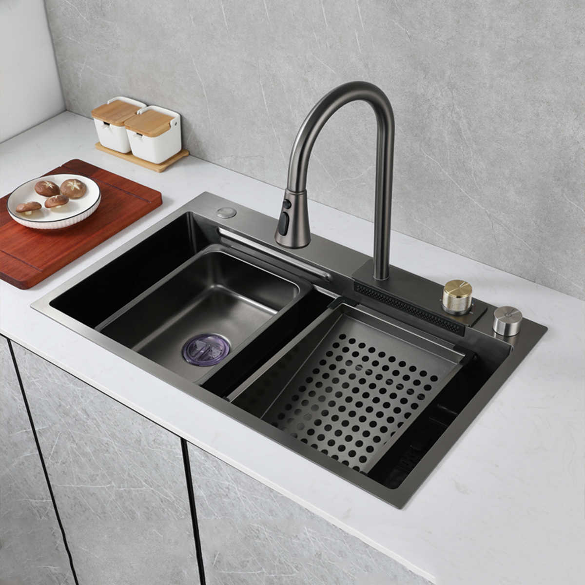 Aquacubic Design 31 inch Gunmetal Black 304 Stainless Steel Handmade Kitchen Workstation Sink with waterfall facet and accessories