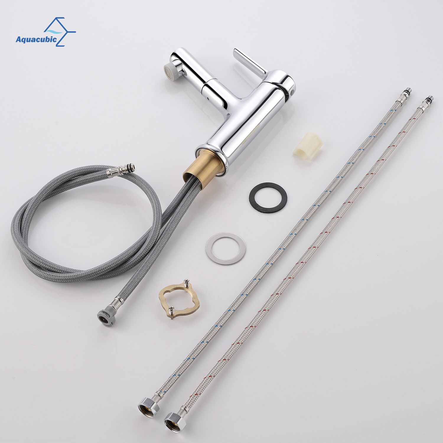 Aquacubic Single Hole brass Dual Spray Modes Bathroom Faucet with Pull Out Sprayer