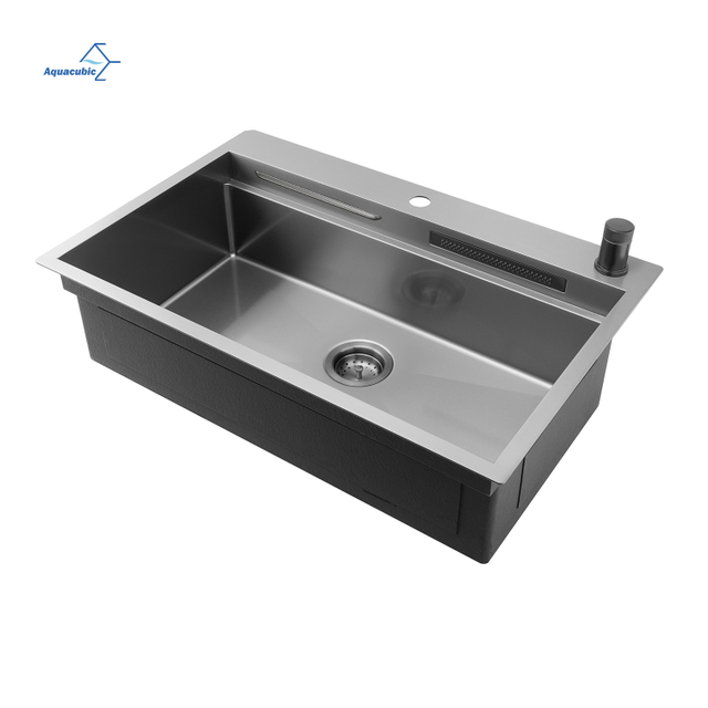 Luxury Gunmetal Black wash sinks waterfall faucet hot sale 304 stainless steel multi-functions kitchen sink with Faucet Accessories