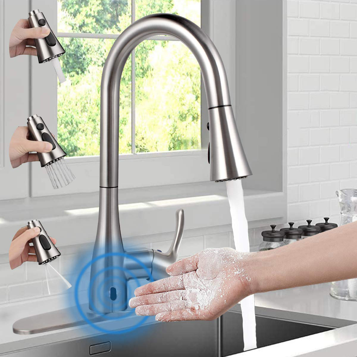 Aquacubic cUPC Infrared Sensor Kitchen Sink Faucets Spring Mixer Sensor Faucets with Pull Down Sprayer