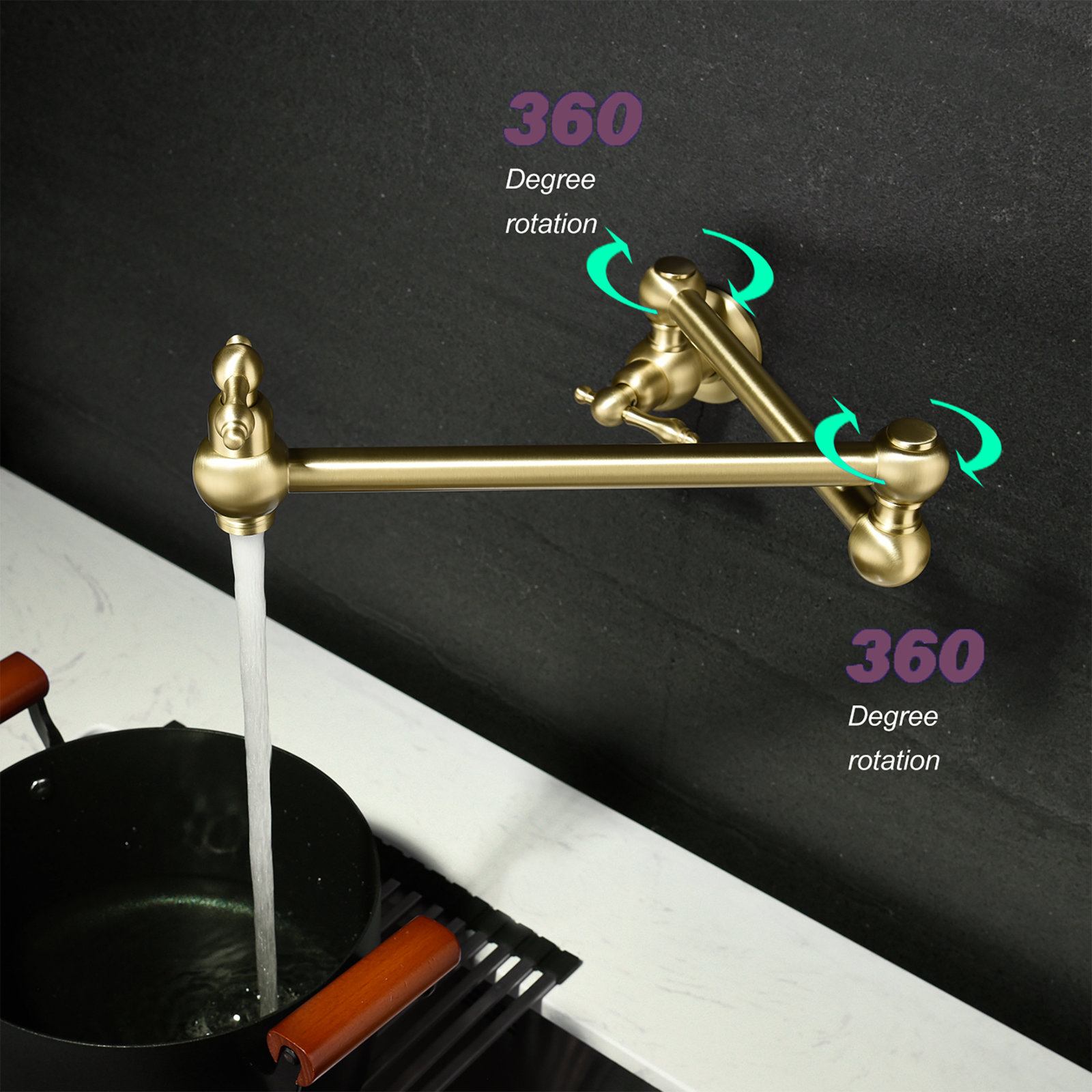 Aquacubic Pot Filler Folding Faucets,Wall Mount Pot Filler Kitchen Faucet Solid Brass,Swing Arm Folding Brushed Gold Modern Kitchen Sink Faucet Folding Stretchable with Single Hole Two Handle