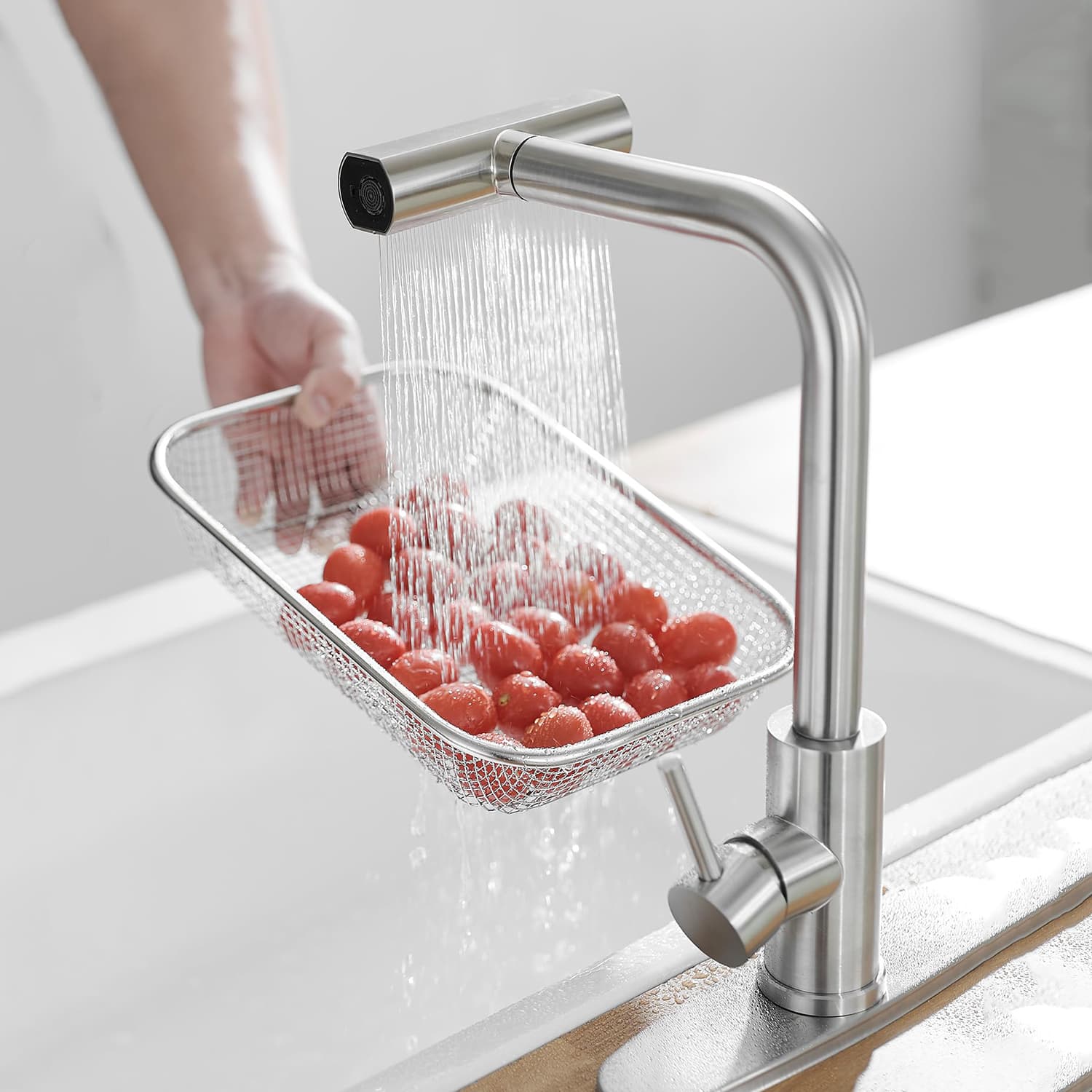 360° Swivel Stainless Steel Single Lever Handle Waterfall Kitchen Faucet with Pull Down Sprayer