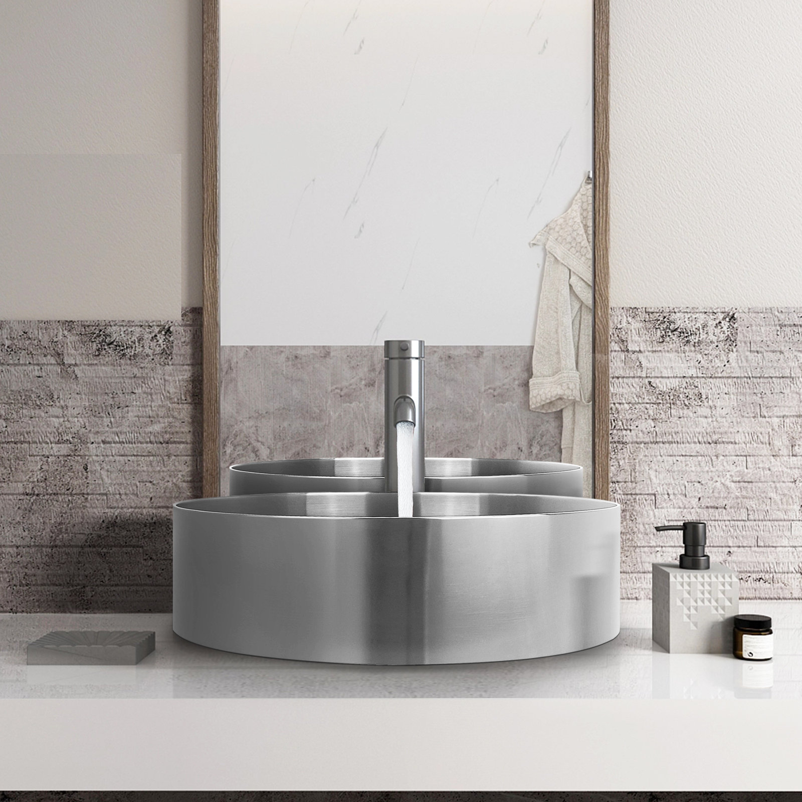 Modern Stainless Steel Bathroom Sink Above Counter Vessel Basin PVD Nano Coating 15.8" Round Sink With Drain