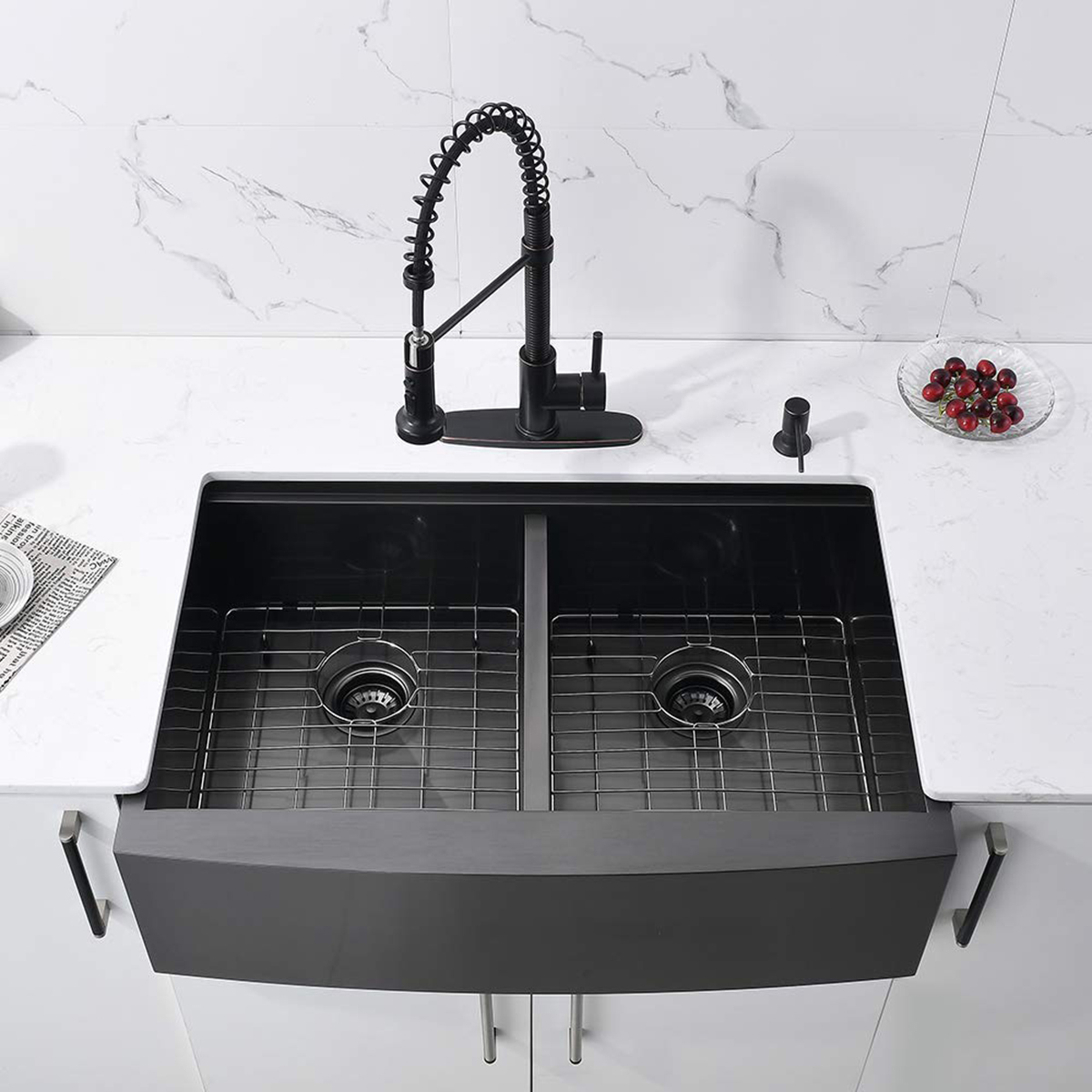 Factory Farmhouse Double Bowl Gunmetal Black Color 304 Stainless Steel Apron Front Handmade Kitchen Sink