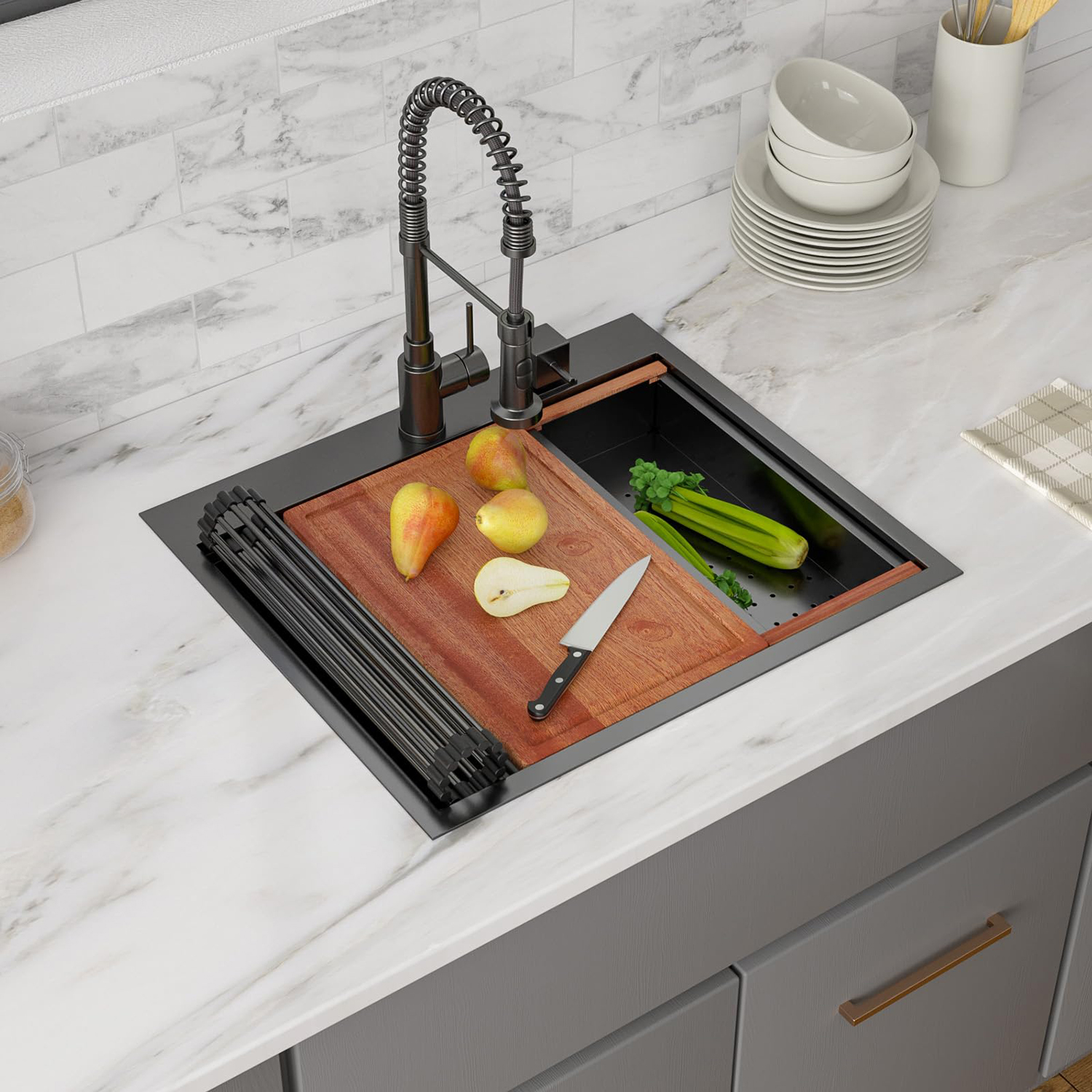 25x22 Black Stainless Steel Drop In Kitchen Workstation Sink 16 Gauge Single Bowl Deep Kitchen Sink with Cutting Board