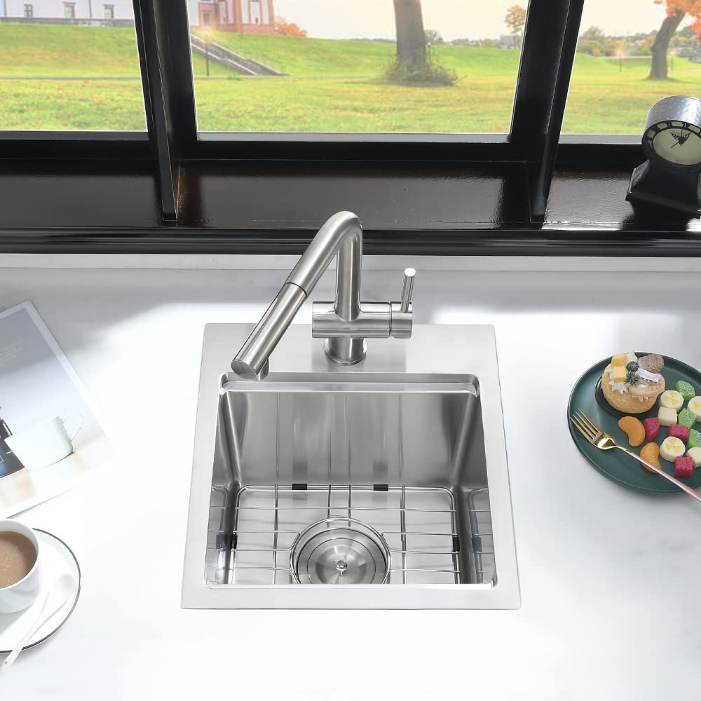Customized 15 inch 16 Gauge Stainless Steel Kitchen Bar Sink Handmade Outdoor Prep Sink with Dish Grid & Drain