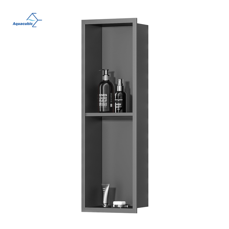 Professional Manufacturer Modern gunmetal gray Wall Hung 2-cell Metal Shelf with stainless steel embedded niche
