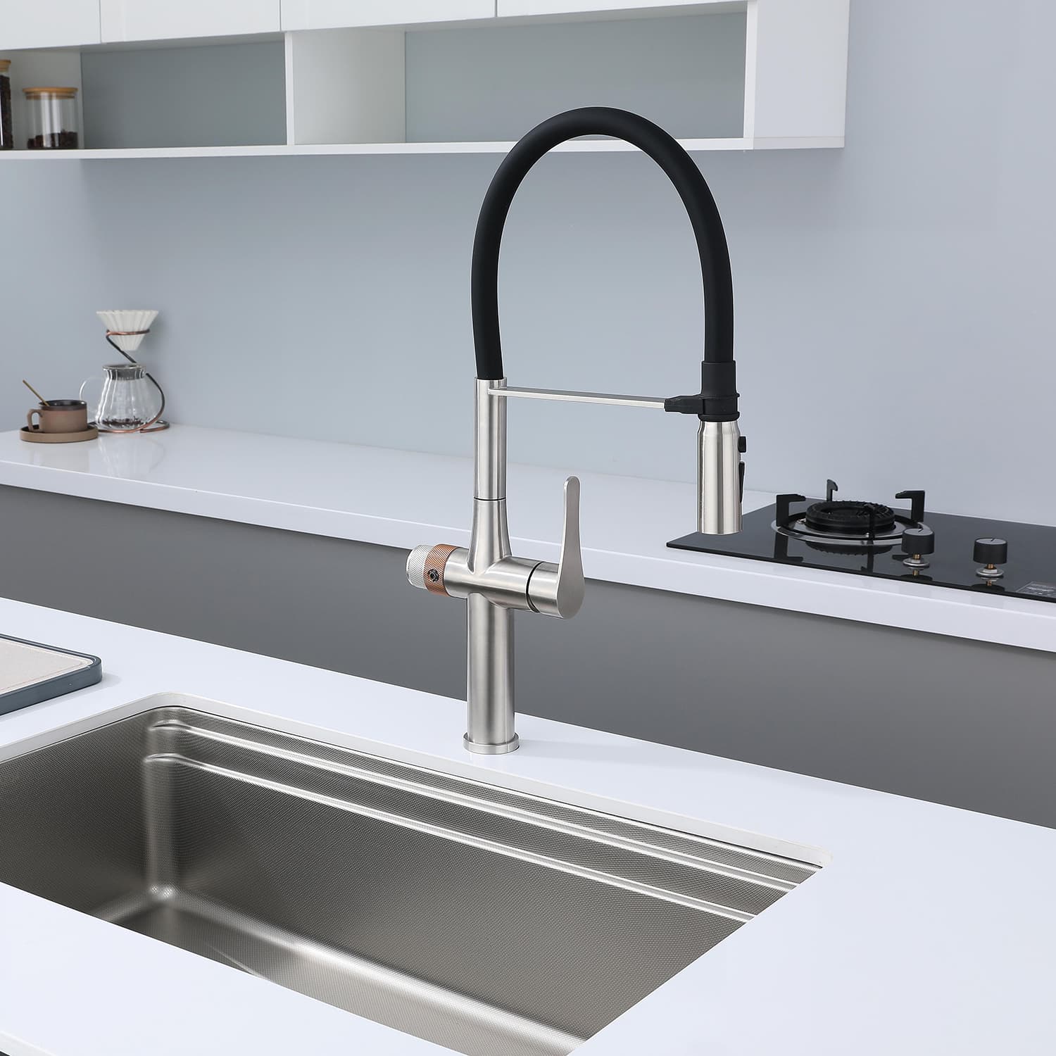 3 in 1 Kitchen Sink Faucet with Pull Out Sprayer, 3 Way Kitchen Faucet, Cold and Hot Water Mixer, Drinking Water Faucet, Magnetic Docking