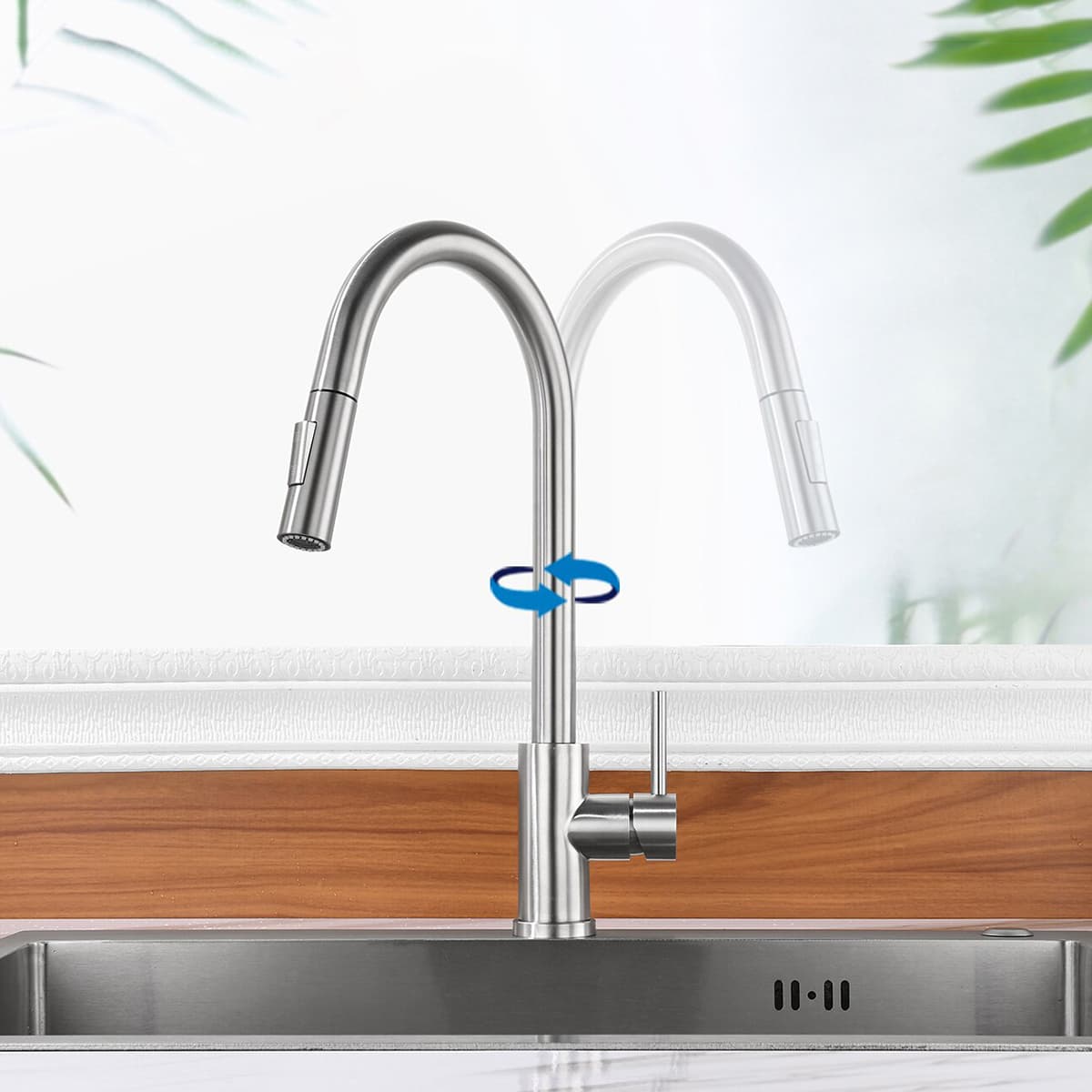 Aquacubic CUPC CE Certified Single-Handle High Arc Swan-Neck Modern Kitchen Sink Faucet with Pull Down Sprayer