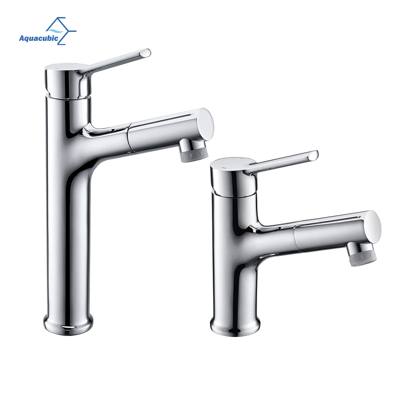 Aquacubic Single Hole brass Dual Spray Modes Bathroom Faucet with Pull Out Sprayer
