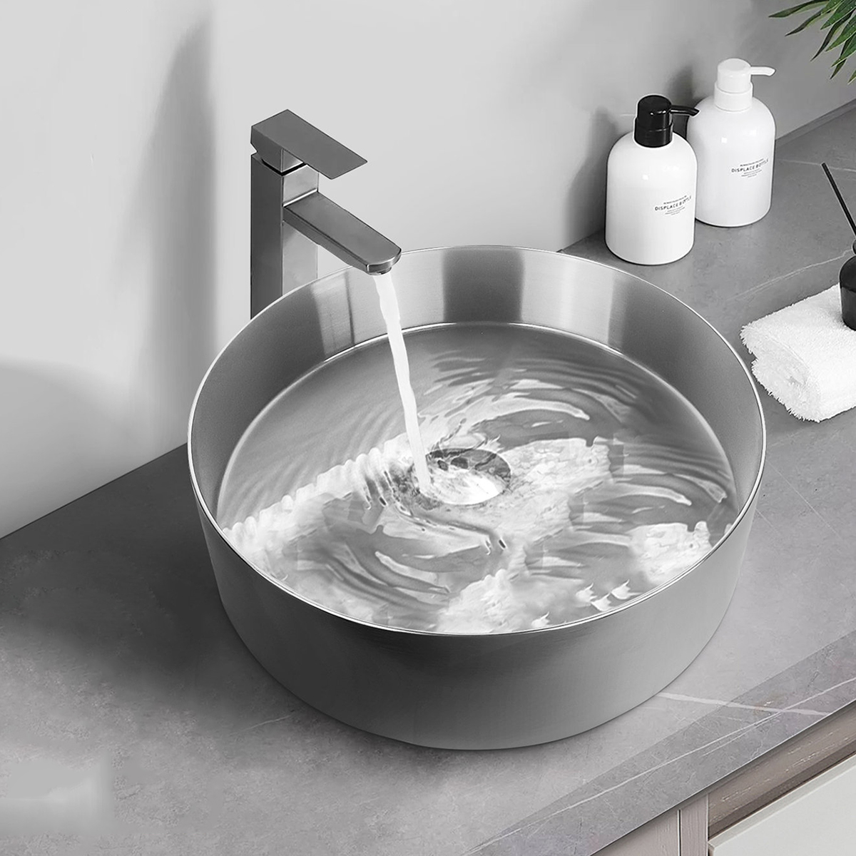 Modern Stainless Steel Bathroom Sink Above Counter Vessel Basin PVD Nano Coating 15.8" Round Sink With Drain