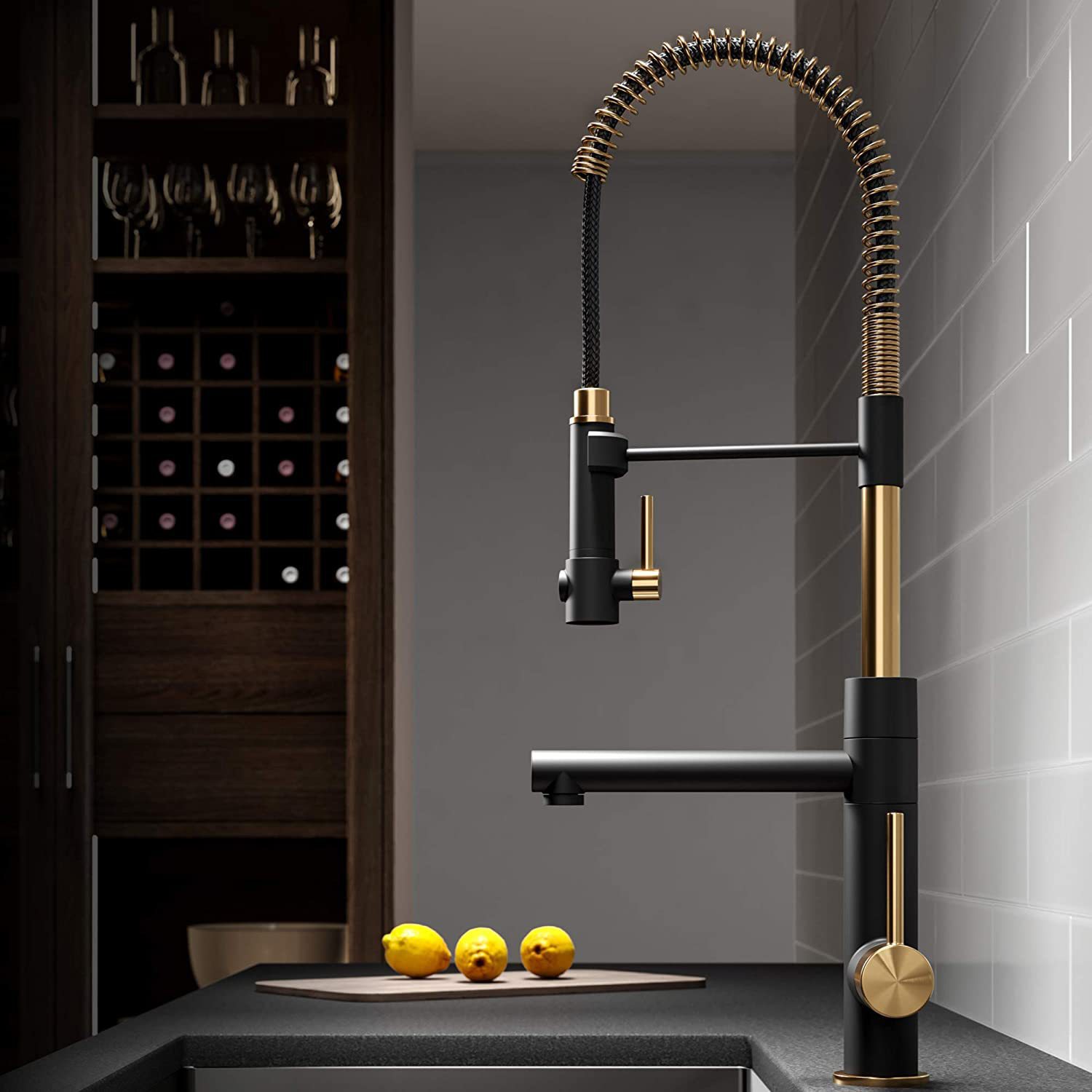 Aquacubic Sell Well Black and Gold Pull Down Sprayer Spring Mixer Tap Dual Head Brass Kitchen Faucet with Drinkng Spout