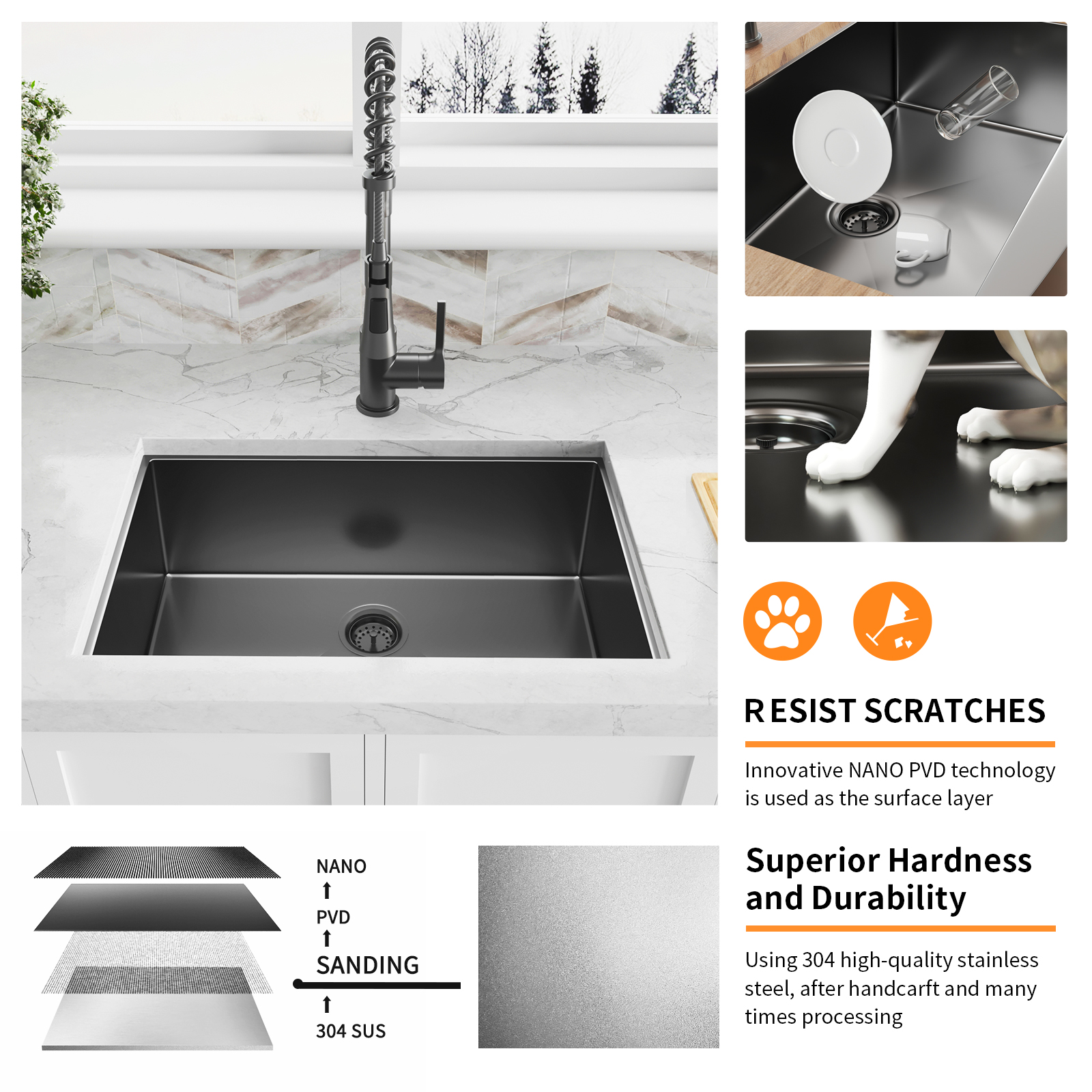 Factory Wholesale Modern 33''x19'' Matte Black Modern Undermount Nano Stainless Steel handmade Kitchen Sink with Strainer