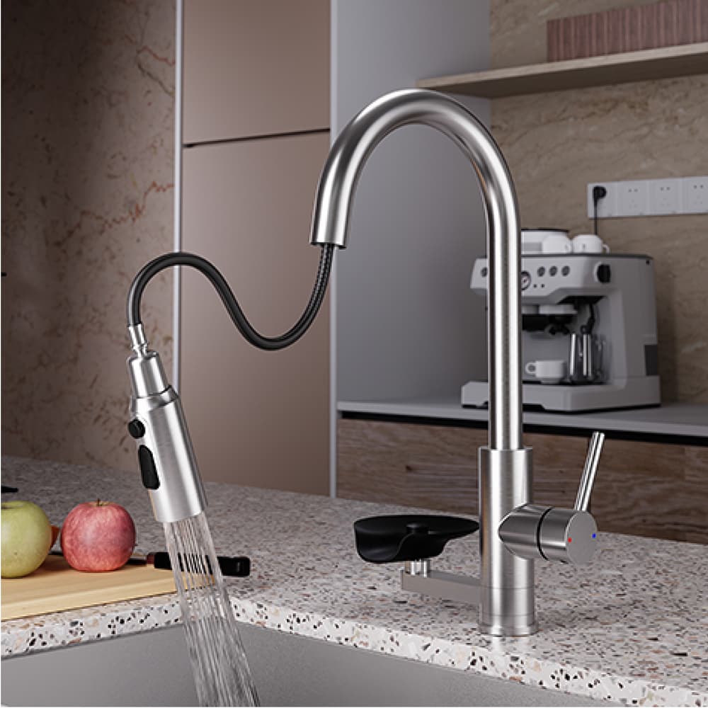 2026 New Design Stainless Steel Pull-Out Kitchen Faucet with Glass Rinser
