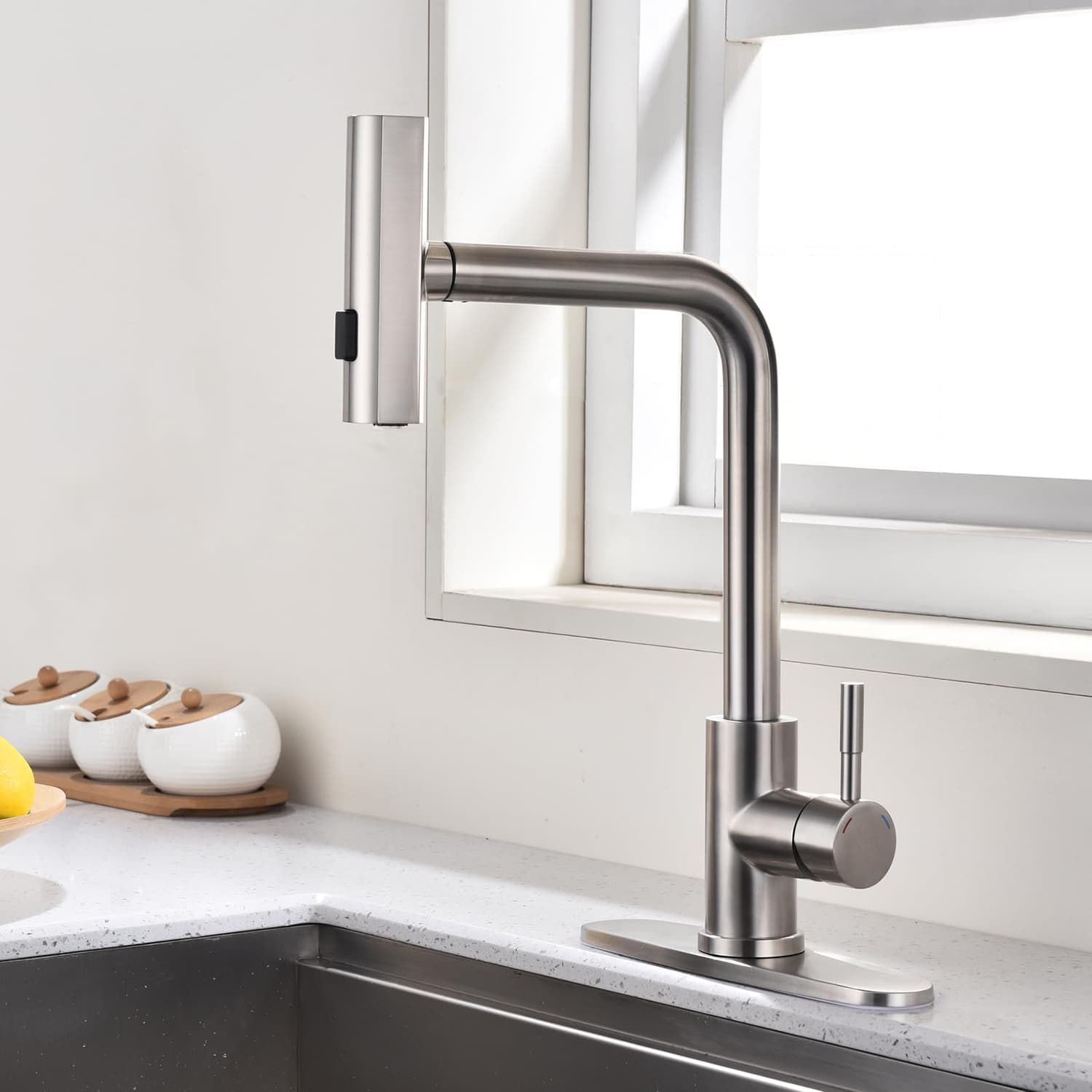 360° Swivel Stainless Steel Single Lever Handle Waterfall Kitchen Faucet with Pull Down Sprayer