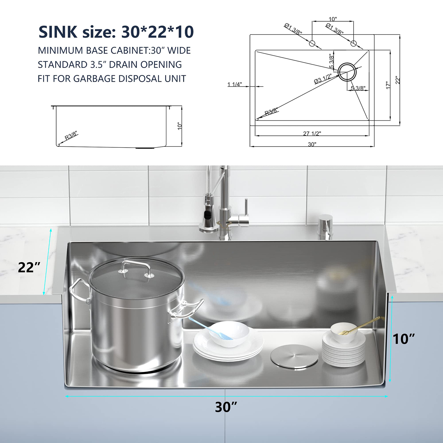 China factory Aquacubic 304 Stainless Steel Handmade 30 Inch Topmount Kitchen Sink with Customized size