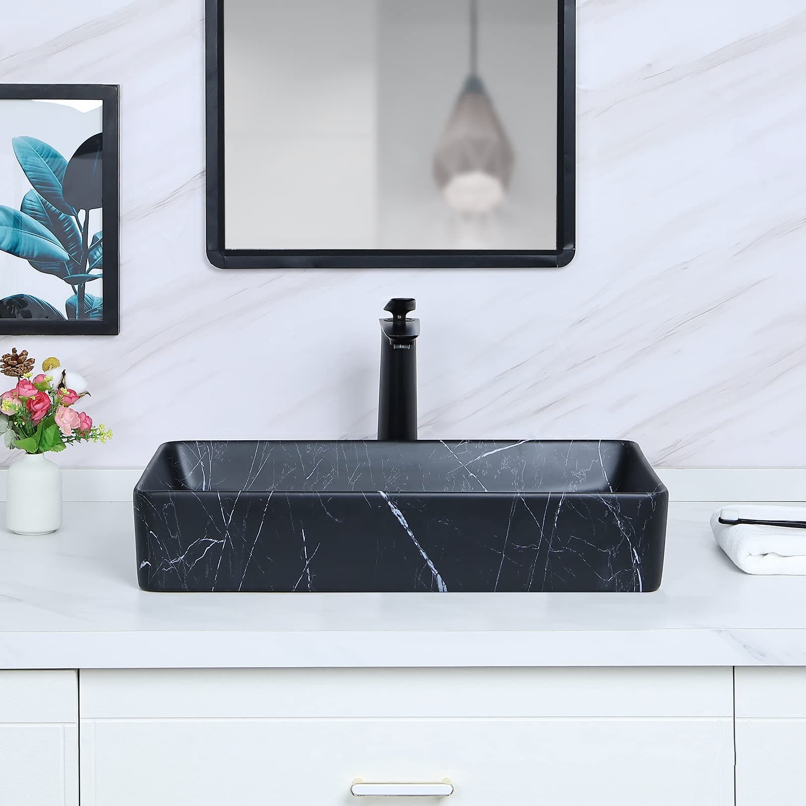 Rectangular Ceramic Vessel Sink | Water Transfer Marble Finish Customizable Colors & Styles for Hotels (Bulk Order)