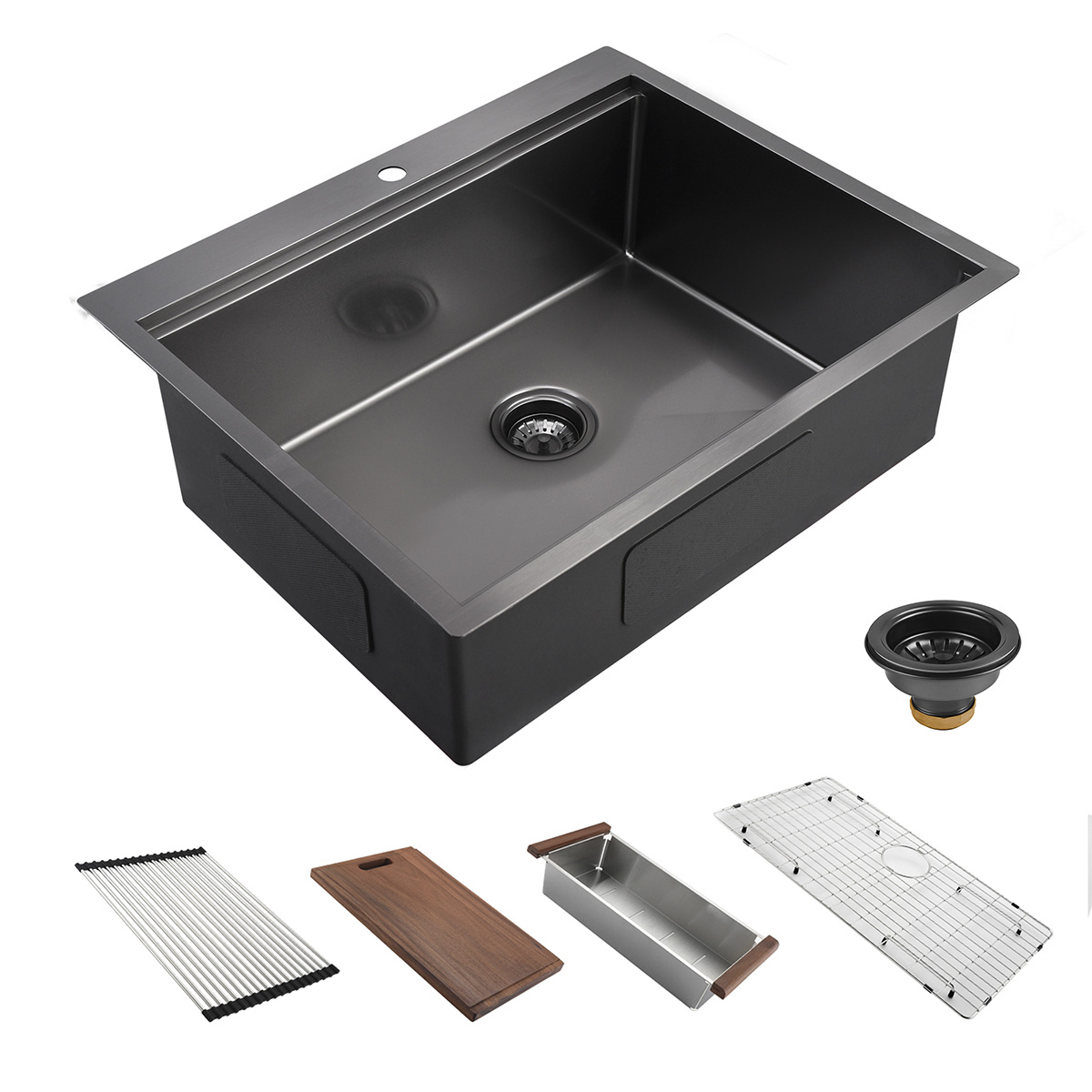 Stainless Steel Handmade Dual Mount Topmount Drop In UPC Gunmetal Black Kitchen Sink with Ledge
