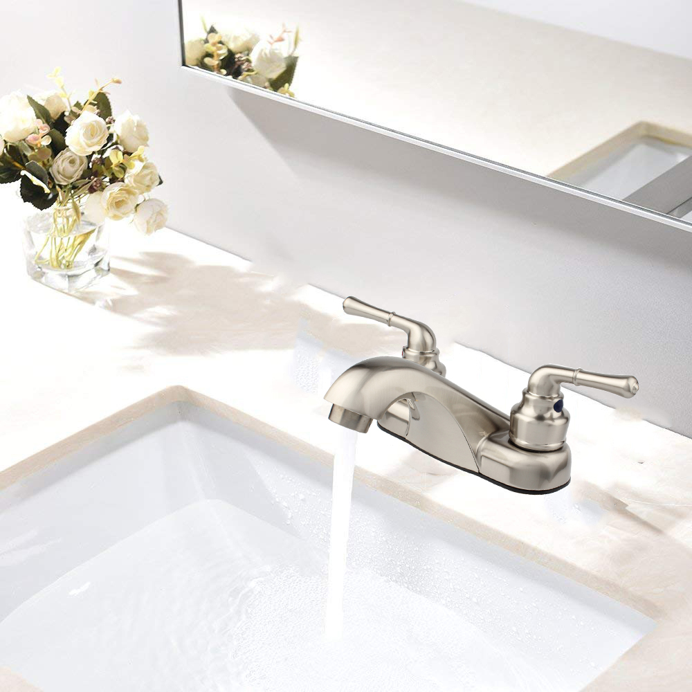 Modern Brushed Low Arc Centerset 2 Handle Bathroom Basin Faucet