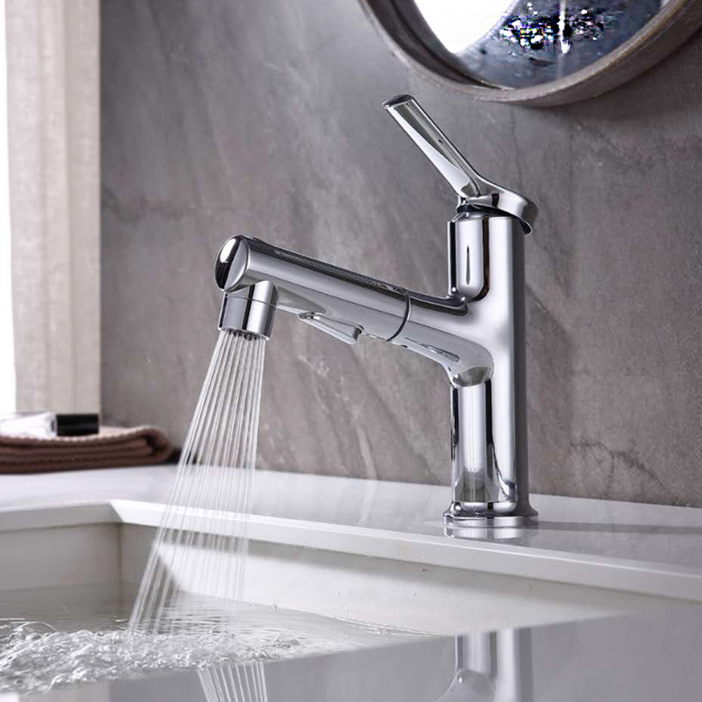 Aquacubic Multifunctional Single Hole Three Water Flow Modes Bathroom Faucet with Pull Out Sprayer