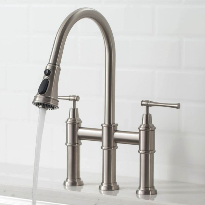 Brushed Nickel Drinking Water Bridge Kitchen Faucet with Pull Down Sprayer