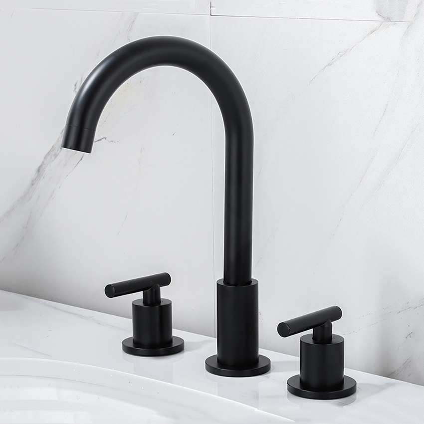 High Arc 8 Inch Widespread Matte Black Two Handle Solid Brass Bathroom Faucet