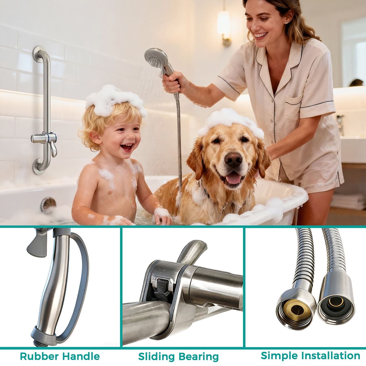 ADA Compliant Slide Bar Shower Set, 250lb Grab Bar Stainless Steel | Accessible Project Supplier