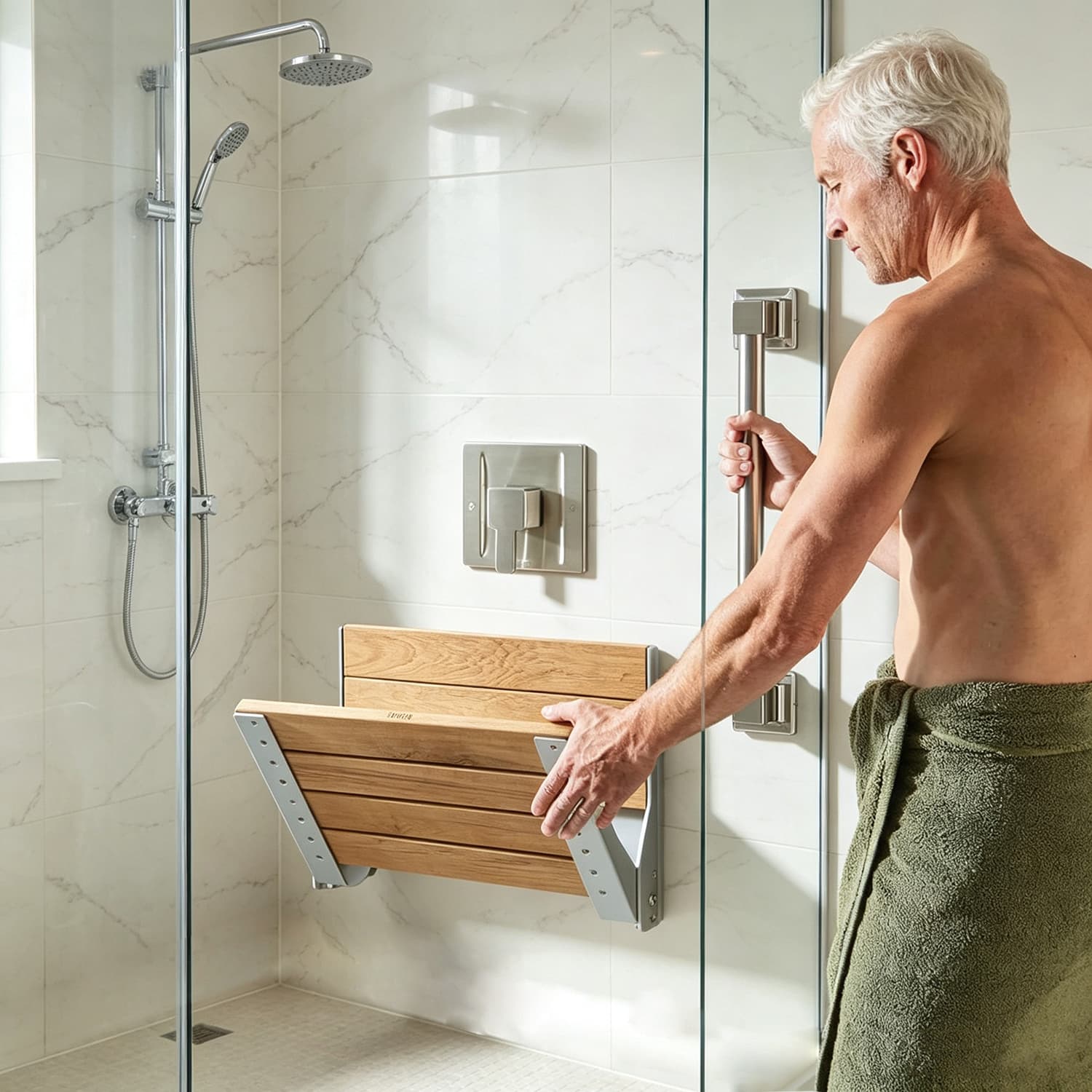 Wall Mount Folding Shower Seat, Teak Wood & Aluminum, 400lb ADA | Senior Care Project Supplier