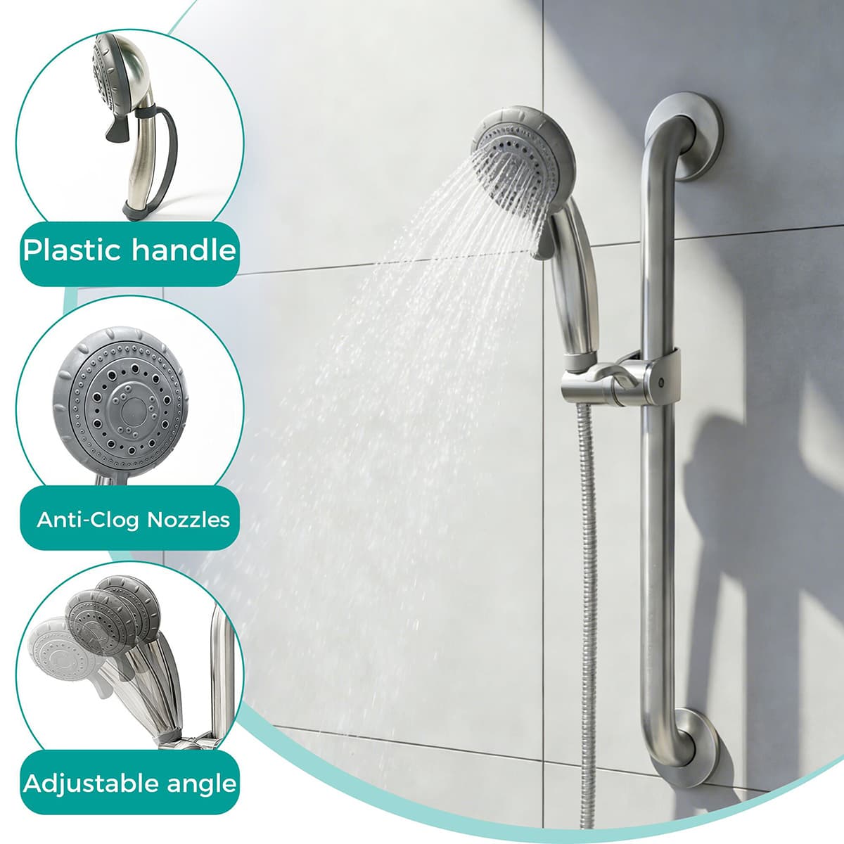 ADA Compliant Slide Bar Shower Set, 250lb Grab Bar Stainless Steel | Accessible Project Supplier