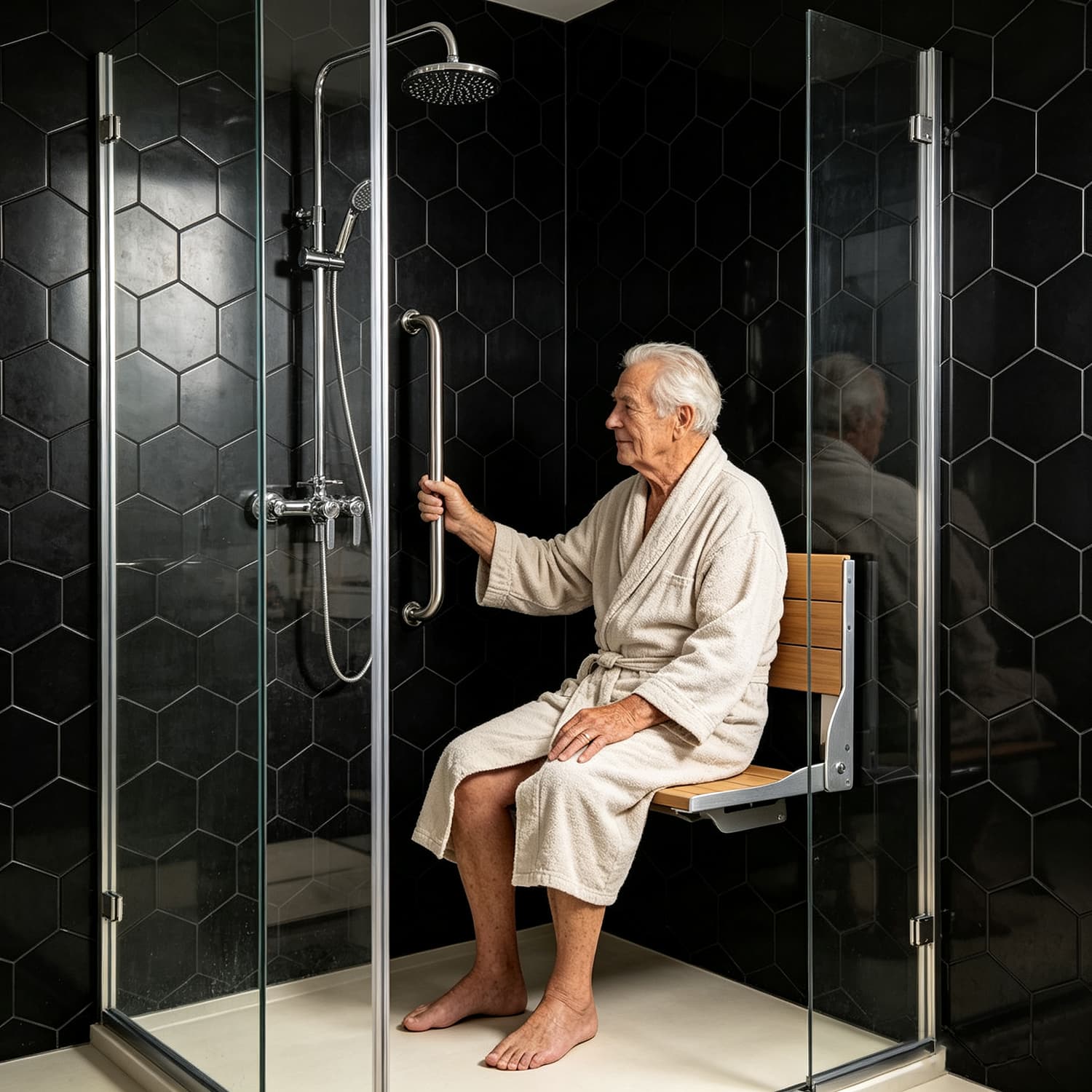 Wall Mount Folding Shower Seat, Teak Wood & Aluminum, 400lb ADA | Senior Care Project Supplier