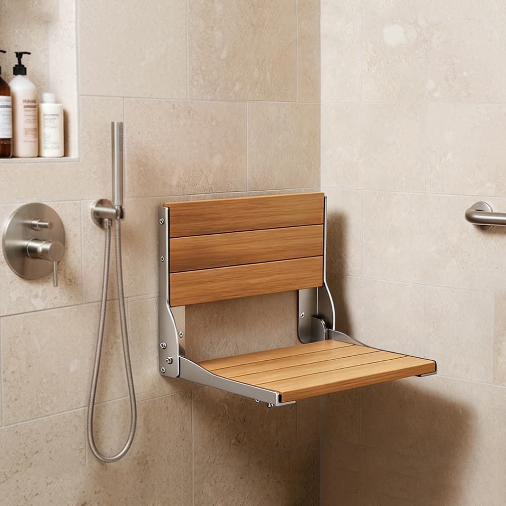 Wall Mount Folding Shower Seat, Teak Wood & Aluminum, 400lb ADA | Senior Care Project Supplier