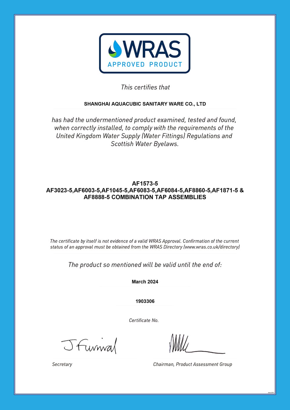 Aquacubic Wras certificate